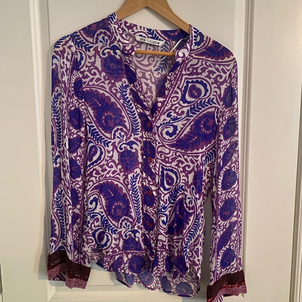 2 Piece Zara Purple and Blue Paisley Blouse & Skirt Set